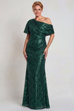 Vestido de madre de la novia de un hombro largo de champán brillante con lentejuelas
