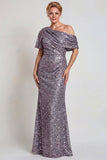 Vestido de madre de la novia de un hombro largo de champán brillante con lentejuelas