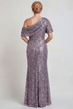 Vestido de madre de la novia de un hombro largo de champán brillante con lentejuelas