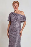 Vestido de madre de la novia de un hombro largo de champán brillante con lentejuelas