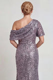 Vestido de madre de la novia de un hombro largo de champán brillante con lentejuelas