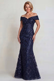 Vestido burdeos brillante de hombros descubiertos Sirena madre de la novia con lentejuelas