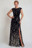 Vestido de Madre de la Novia con cuello bateau negro plateado brillante y con lentejuelas