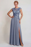 Vestido de Madre de la Novia con abertura de línea en A con líneas en A brillantes gris azules