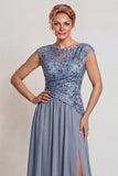 Vestido de Madre de la Novia con abertura de línea en A con líneas en A brillantes gris azules