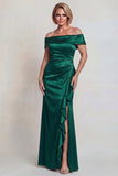 Vestido de satín de la novia verde oscuro con volantes caídos del hombro y abertura