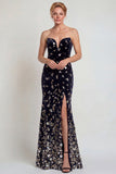 Vestido de sirena sin tirantes plateado negro brillante con lentejuelas