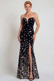Vestido de sirena sin tirantes plateado negro brillante con lentejuelas