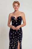 Vestido de sirena sin tirantes plateado negro brillante con lentejuelas