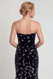 Vestido de sirena sin tirantes plateado negro brillante con lentejuelas