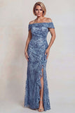 Vestido de madre de la novia, lentejuelas gris azules al aire de los hombros