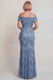 Vestido de madre de la novia, lentejuelas gris azules al aire de los hombros