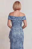 Vestido de madre de la novia, lentejuelas gris azules al aire de los hombros