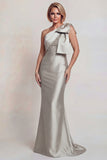 Vestido de la Madre de la Novia de Satén Gris de un solo hombro con moño
