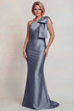 Vestido de la Madre de la Novia de Satén Gris de un solo hombro con moño