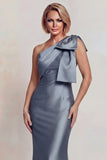 Vestido de la Madre de la Novia de Satén Gris de un solo hombro con moño