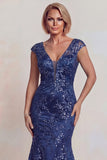 Vestido de sirena brillante azul oscuro con cuello en V y cuello en V