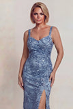 Vestido de madre de la novia con tirantes finos brillantes gris azules aplicados