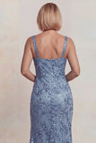 Vestido de madre de la novia con tirantes finos brillantes gris azules aplicados