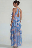 Vestido Midi de Lámina con Estampado Azul Rosa Estampado Una Línea Midi con volantes
