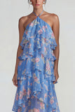 Vestido Midi de Lámina con Estampado Azul Rosa Estampado Una Línea Midi con volantes