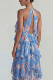 Vestido Midi de Lámina con Estampado Azul Rosa Estampado Una Línea Midi con volantes
