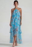Vestido Midi de Lámina con Estampado Azul Rosa Estampado Una Línea Midi con volantes