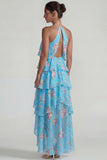 Vestido Midi de Lámina con Estampado Azul Rosa Estampado Una Línea Midi con volantes