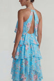 Vestido Midi de Lámina con Estampado Azul Rosa Estampado Una Línea Midi con volantes