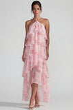 Vestido Midi de Lámina con Estampado Azul Rosa Estampado Una Línea Midi con volantes