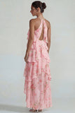 Vestido Midi de Lámina con Estampado Azul Rosa Estampado Una Línea Midi con volantes
