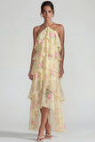 Vestido Midi de Lámina con Estampado Azul Rosa Estampado Una Línea Midi con volantes