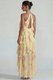 Vestido Midi de Lámina con Estampado Azul Rosa Estampado Una Línea Midi con volantes