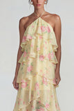 Vestido Midi de Lámina con Estampado Azul Rosa Estampado Una Línea Midi con volantes