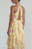 Vestido Midi de Lámina con Estampado Azul Rosa Estampado Una Línea Midi con volantes