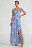 Vestido Midi azul con volantes rosas de chiffon rosa A Line con abertura