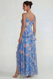 Vestido Midi azul con volantes rosas de chiffon rosa A Line con abertura