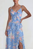 Vestido Midi azul con volantes rosas de chiffon rosa A Line con abertura