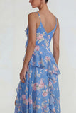 Vestido Midi azul con volantes rosas de chiffon rosa A Line con abertura
