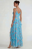 Vestido Midi azul con volantes rosas de chiffon rosa A Line con abertura