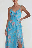 Vestido Midi azul con volantes rosas de chiffon rosa A Line con abertura