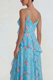 Vestido Midi azul con volantes rosas de chiffon rosa A Line con abertura