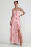 Vestido Midi azul con volantes rosas de chiffon rosa A Line con abertura