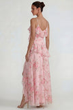 Vestido Midi azul con volantes rosas de chiffon rosa A Line con abertura