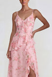 Vestido Midi azul con volantes rosas de chiffon rosa A Line con abertura
