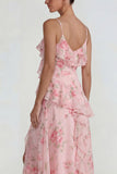 Vestido Midi azul con volantes rosas de chiffon rosa A Line con abertura