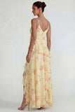 Vestido Midi azul con volantes rosas de chiffon rosa A Line con abertura