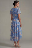 Vestido Midi de línea A con escote en V y rosa con volantes y escote en V