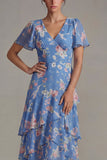 Vestido Midi de línea A con escote en V y rosa con volantes y escote en V