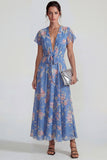 Vestido Midi azul profundo de escote profundo en V rosa con chiffon floral A Line con moño